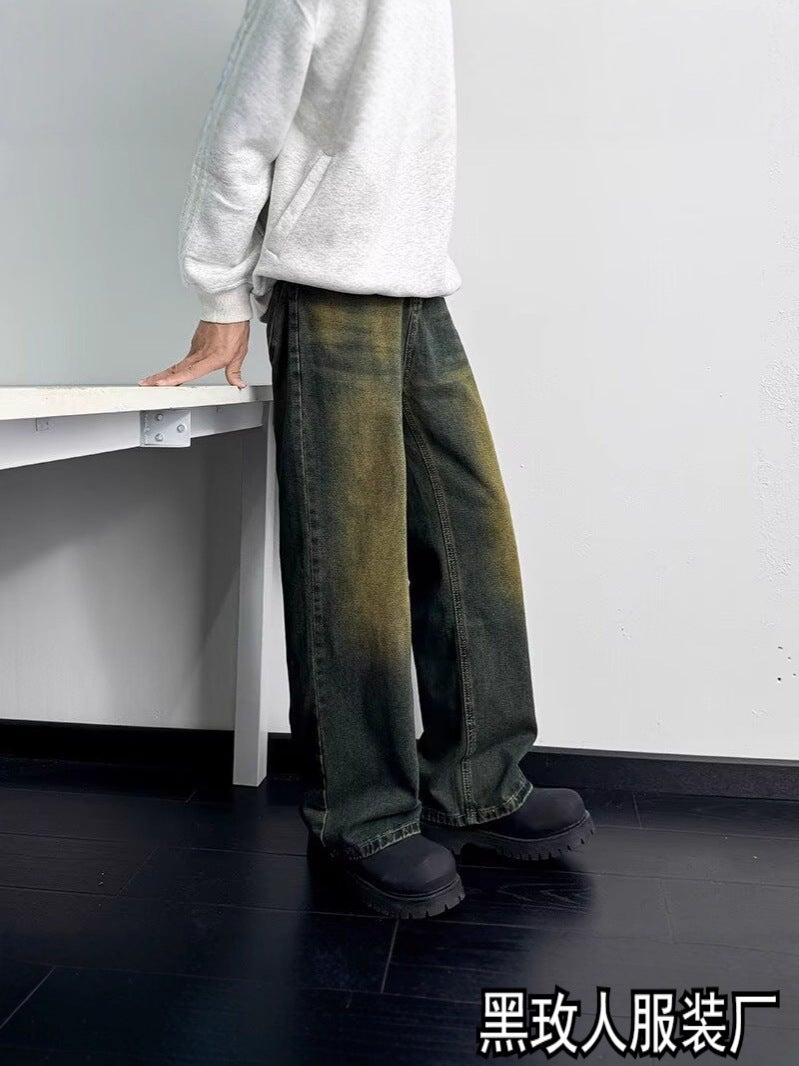 Chinese Retro Blue Washed Jeans For Men, Handsome Korean Style Loose Washed Straight Wide-Leg Floor-Length Pants - Image 2